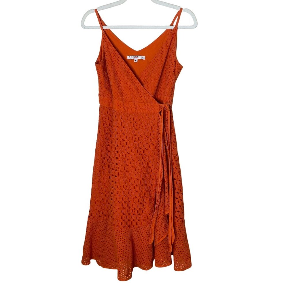 Trina Turk Orange Eyelet Cotton Midi Wrap Dress Sz 6 • Ruffle Hem • Summer